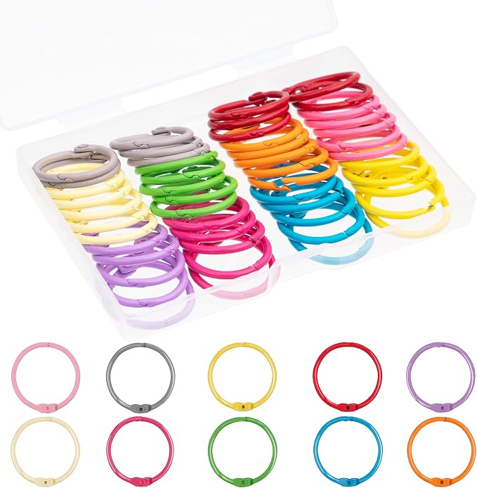 AKONEGE 1 Inch (50 Pack) Metallic Loose Leaf Binder Rings for Flashcards, Index Cards, Keychains, Colorful Small Metal Steel Book Ring Clips for Keyrings, Office, School, Home - 10 Colors