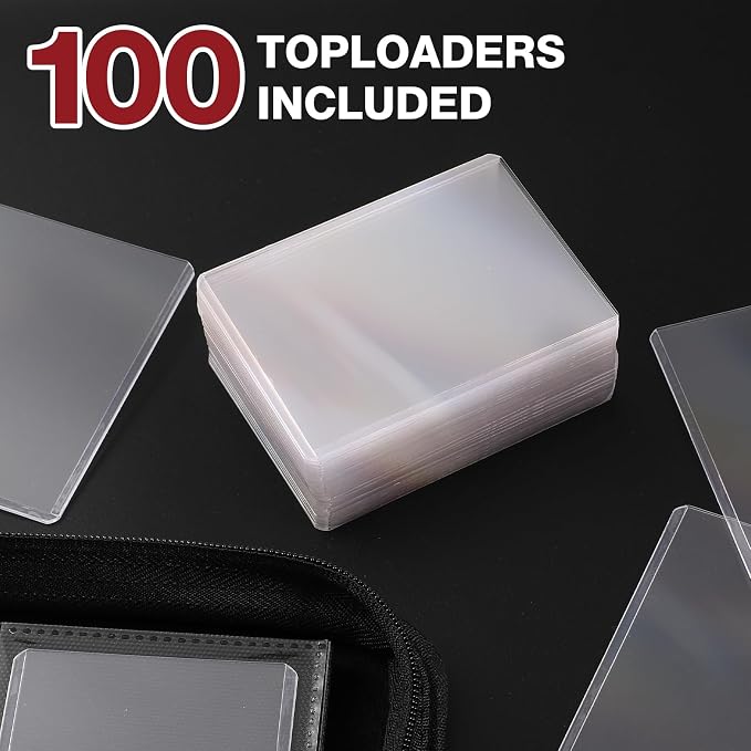 Toploader Binder, Holds 360 Toploaders, 100 Toploaders INCLUDED, 9-Pocket PU Cover Top Loader Binder for 3" x 4" Rigid Toploader, Ringless Double-Sided Toploader Card Binder for TCG, Sport Cards