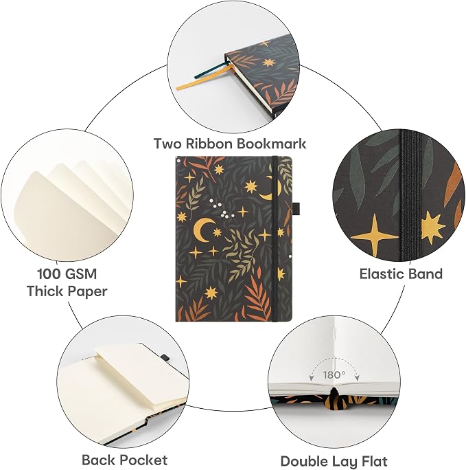 &And Per Se Dotted Journal Notebook, A5 Hardcover Aesthetic Dotted Notebook – 160 Pages 100gsm Thick Dot Grid Paper, 3 Sticker Sheets – Gift-Ready Journaling Kit for Women (Lunar Leaf)