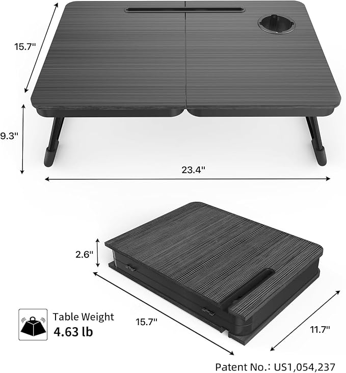 BUYIFY 23.4" Foldable Lap Desk Bed Table with Cup Holder Portable Tray | Folds Flat for Easy Storage, No Assembly Laptop Bed Desk, Sturdy and Lightweight, Versatile for Work Eat Study, Patent Design