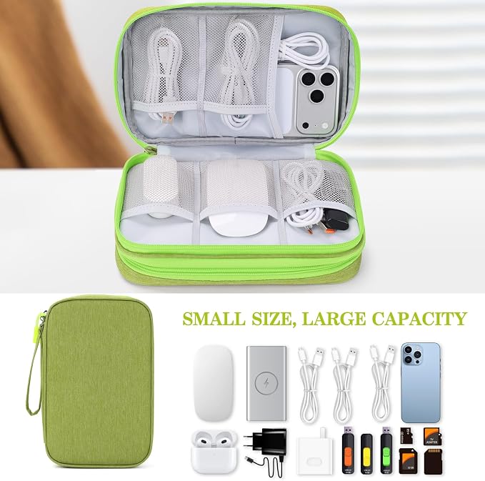 FYY Electronic Organizer, Large Travel Cable Organizer Bag Pouch Electronic Accessories Carry Case Portable Waterproof Double Layers All-in-One Storage Bag for Cable, Cord, Charger, Green