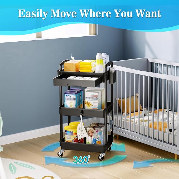SUNALLY 3 Tier Rolling Cart with Drawer, Bathroom Storage Organizer with 2 Lockable Wheels, Multifunctional Rolling Storage Cart for Bathroom, Kitchen, Office, Craft, Makeup, Baby Essentials, Black