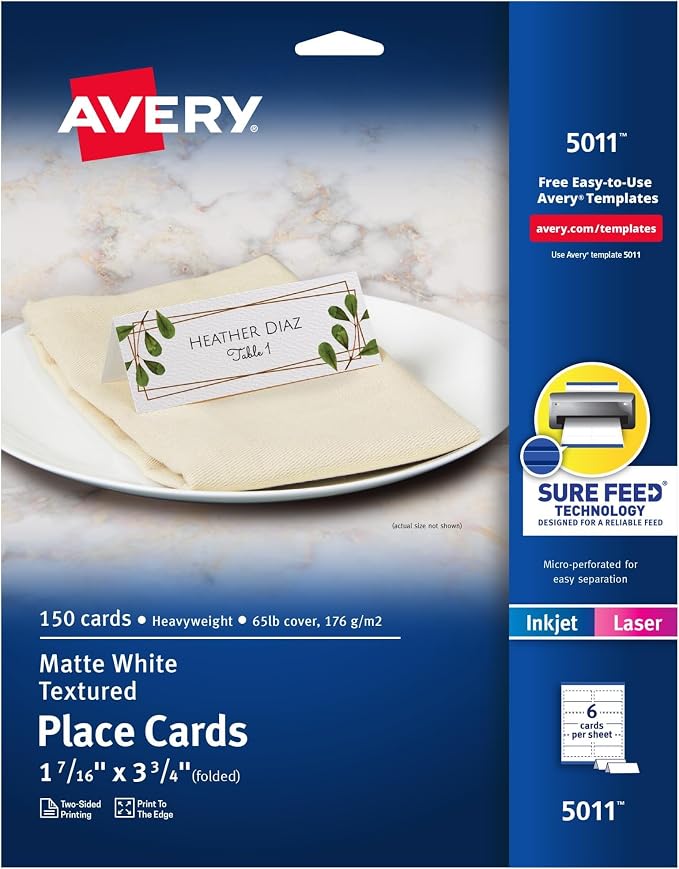 Avery Printable Place Cards with Sure Feed Technology,1-7/16" x 3-3/4",Matte White,150 Blank Tent Cards for Laser or Inkjet Printers (5011),(Pack of 5)