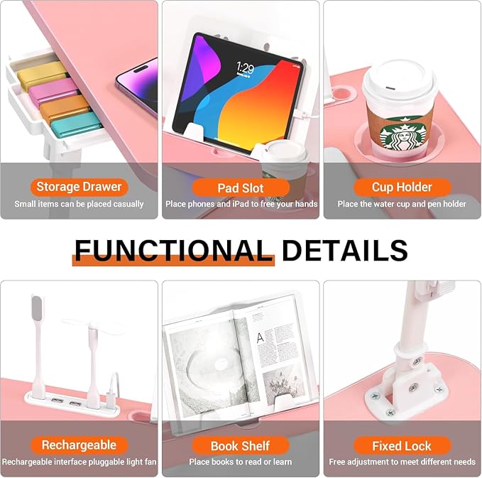 Lap Desk for Bed, Adjustable Laptop Desk with USB Charging Port, Storage Drawer & Bookshelf — Foldable Bed Desk for WFH & Students, 23.6" Desktop Fits 20" Laptop, Non-Slip, Pink