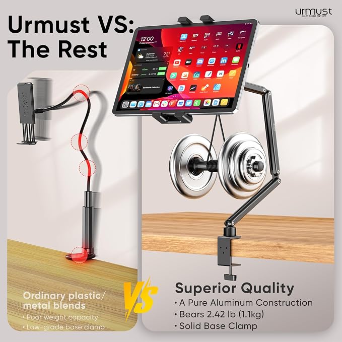 Urmust Portable Monitor Stand 15.6", iPad Stand for Desk, Portable Monitor Holder up to 18.5" Holds, Adjustable Desktop Tablet Arm Mount, Apple iPad Holder for Desk, for 4.7"-12.9" i Pad Pro/Air/Mini