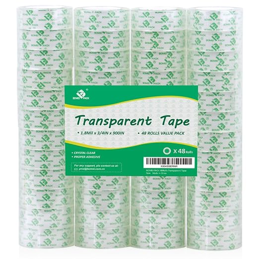 BOMEI PACK 48 Rolls Crystal Clear Transparent Tape, Stationery Tape Refills Rolls for Dispenser, 3/4 in x 900 in,1 inch Core, Gift Wrapping Clear Tape Bulk for Office, School and Home