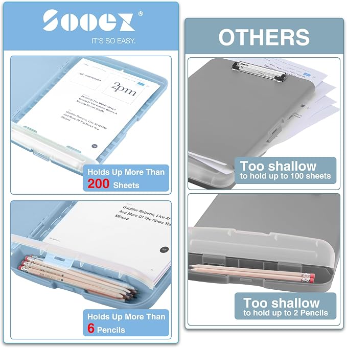 Sooez Clipboards with Storage, High Capacity Clip Boards 8.5x11 with Pen Holder, Heavy Duty Plastic Paper Organization Folder Cases, Letter / A4 Size for Nurse Teachers, School & Office Supplies