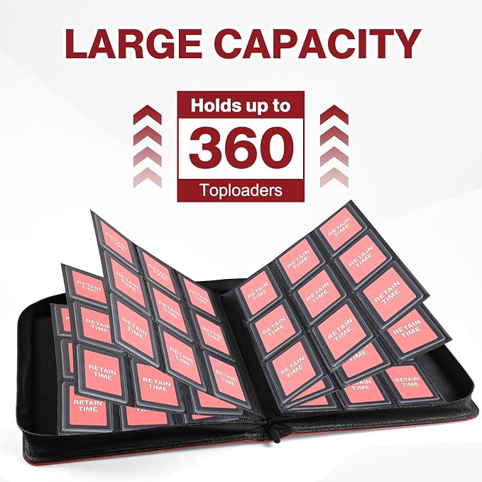 Toploader Binder, Holds 360 Toploaders, 100 Toploaders INCLUDED, 9-Pocket PU Cover Top Loader Binder for 3" x 4" Rigid Toploader, Ringless Double-Sided Toploader Card Binder for TCG, Sport Cards