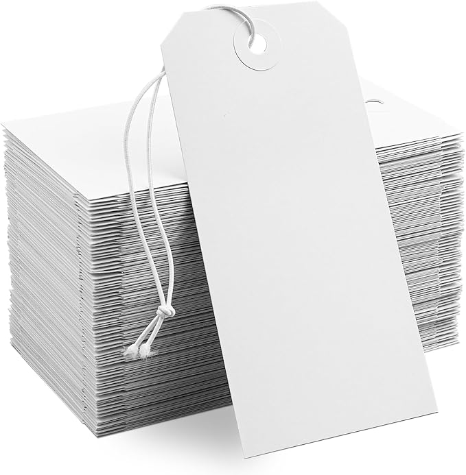 50 Pack White Shipping Tags with Elastic String Blank Labeling Tags with Strings Attached, 4 3/4" x 2 3/8"