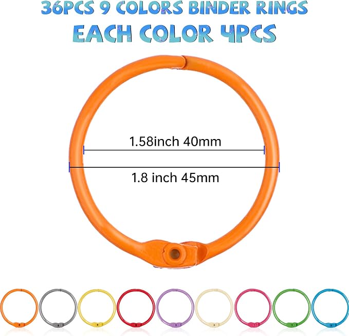 AKONEGE 1.8 Inch (36 Pack) Metallic Loose Leaf Binder Rings 45mm Colorful Metal Steel Book Rings Keychain Key Rings Notebook Paper Rings for Index Cards Flash Cards for School Office Home, 9 Colors