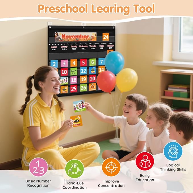 Classroom Calendar Pocket Chart with 88 Cards - Ideal for Homeschool, Classroom & Office, Durable Nylon Wall Hanging Calendar for Early Learning (Black)