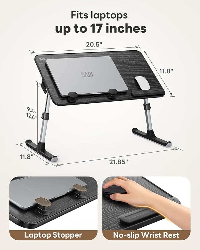 SAIJI Height & Angle Adjustable Laptop Stand for Bed, Lap Desk Bed Tray Table, Light Weight Foldable Portable Laptop Table for Couch Sofa Chair Floor Desk for Adults, Kids (52*30cm Black)