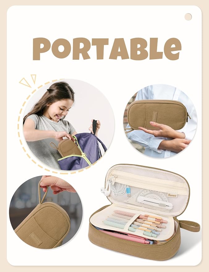 SUNEE Cute Pencil Case, Large Pencil Pouch, Soft Corduroy Fabric Big Pencil Bag with Zipper, Kawaii Pen Bag Stationery Storage and Organizer, School Supplies for Teen, Student, Boys, Girls, Khaki