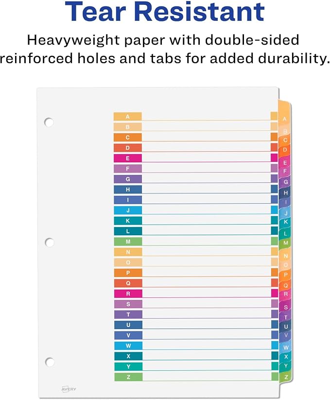 Avery A-Z Dividers for 3 Ring Binders,26 Tabs per Set,Customizable Table of Contents,Multicolor Tabs,Great for Organizing Reports,Projects,and More (11125),(Pack of 12)