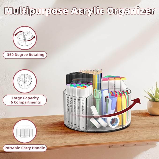 Absonic 250pcs Acrylic Pencil Holder Marker Organizer, 360-Degree Rotating Pen Holder, Crayon Organizers for Kids Pencil Organizer Caddy Art Supply Lazy Susan Organizer for Desk Home School Office