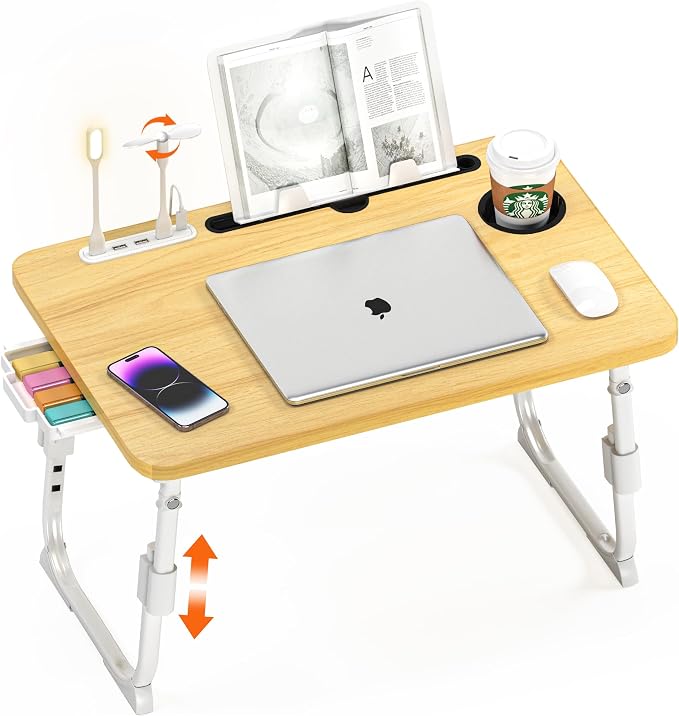 Lap Desk for Bed, Adjustable Laptop Desk with USB Charging Port, Storage Drawer & Bookshelf — Foldable Bed Desk for WFH & Students, 23.6" Desktop Fits 22" Laptop, Non-Slip, Wood
