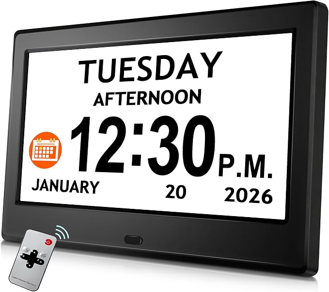 Pastigio 7‘’ Digital Clock, Dementia Clock with Date and Time, 10 Reminders, 6 Alarms, Auto-Dimming, Auto DST, Remote Control, Large Display Alarm Clock for Seniors, Elderly Must Haves Gifts
