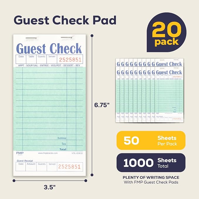 FMP Brands Guest Check Books for Servers, Server Note Pads, 10 Pack (500 Sheets), Green with Guest Receipt, Guest Check Pads, Restaurant Order Pads, Waitress Notepads