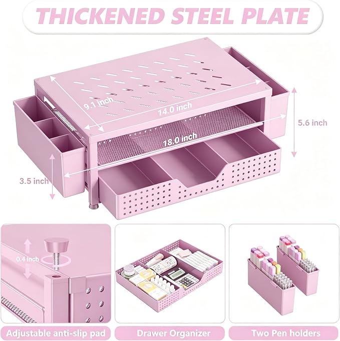 OPNICE Laptop Stand for Desk Organizer and Accessories, 2-Tier Computer Monitor Stand Riser with Drawer and 2 Pen Holders, Ventilated Perforated Steel Top, Office Desk Accessories for Home Office Supplies, Pink