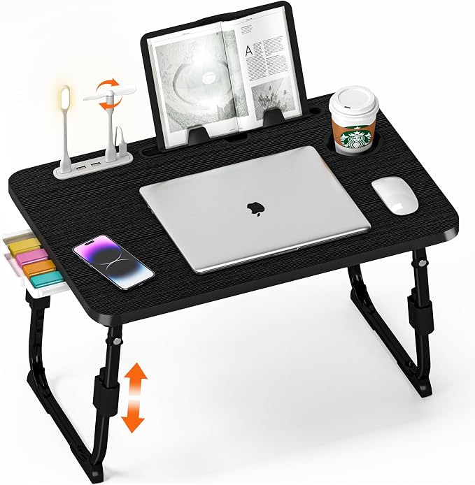 Lap Desk for Bed, Adjustable Laptop Desk with USB Charging Port, Storage Drawer & Bookshelf — Foldable Bed Desk for WFH & Students, 23.6" Desktop Fits 17" Laptop, Non-Slip, Black