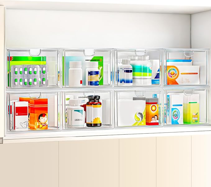 caktraie 6 Pack Small Clear Stackable Acrylic Storage Boxes for Art Tool & Sketch, Stroage Drawers, Makeup Organizer, Plastic Storage Bins For Vanity, Kitchen Cabinets, Pantry, Home Organization
