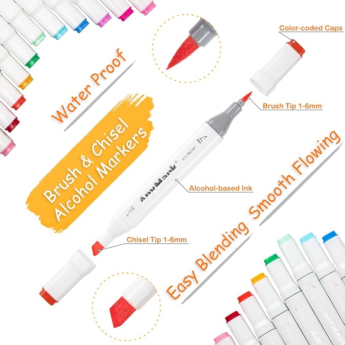 AnyMark Alcohol Markers Brush Tip, 100+1 Colors Dual Tip Brush & Chisel Alcohol-Based Art Markers Set with Case for Adult Artists Drawing Coloring