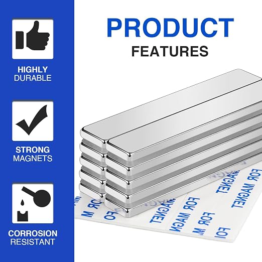 MIKEDE Strong Neodymium Magnets with Adhensive Backing 60x10x3 mm 12 Pcs | Super Strong Magnets Bar, Heavy Duty Metal Powerful Silver Rectangular Magnet for Craft, Whiteboard, Garage, Kitchen, DIY