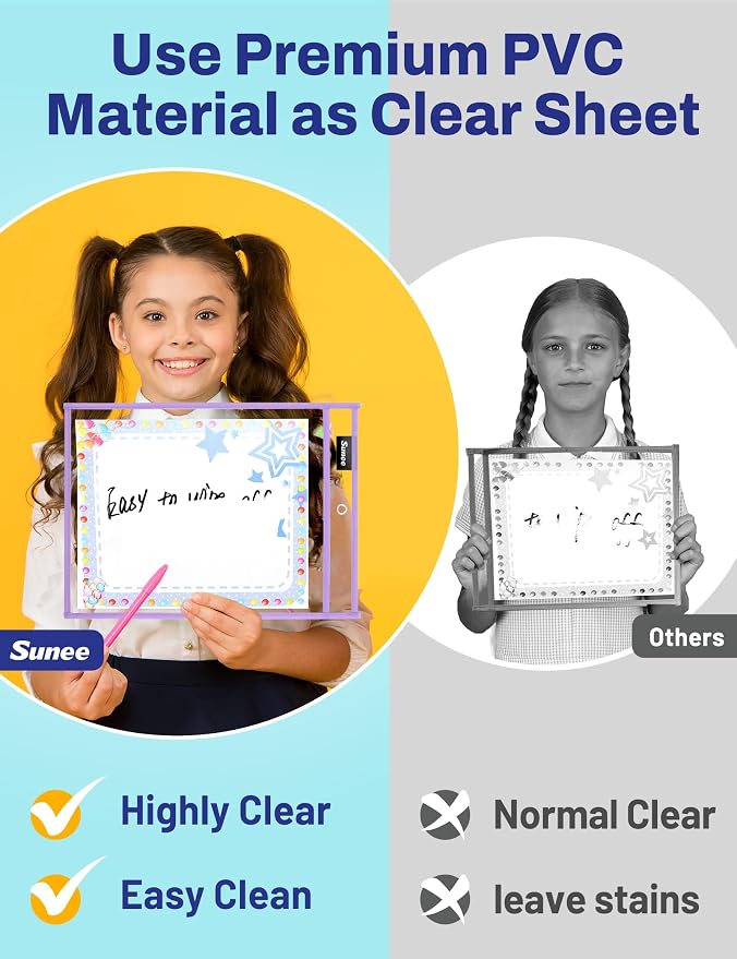 SUNEE 35 Packs Oversized Reusable Dry Erase Pocket Sleeves with 2 Rings, 10 Morandi Colors 10x14 Ticket Holders, Clear Plastic Sheet Protectors, Teacher School Classroom Supplies