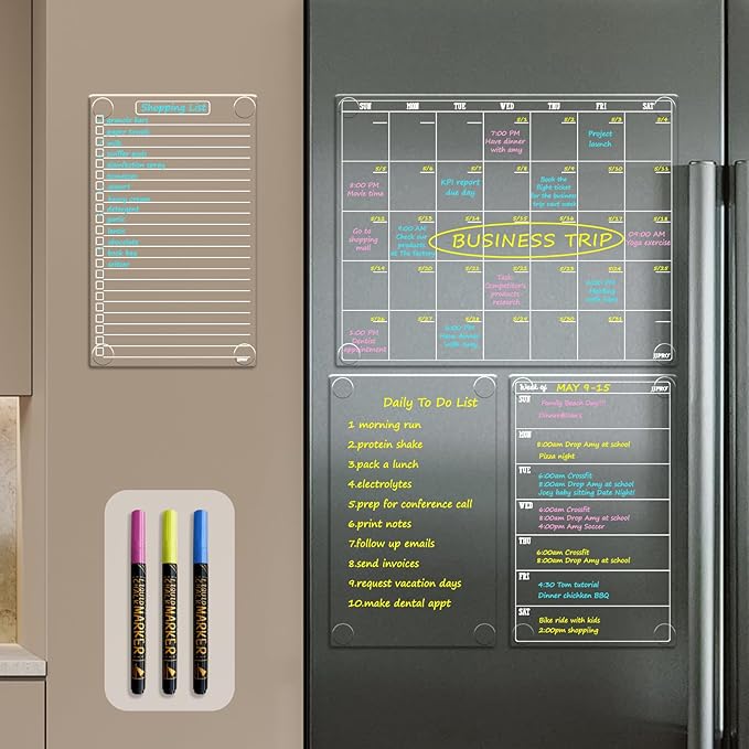 JJPRO Non-Magnetic Dry Erase Monthly Calendar for Fridge-Clear Monthly Calendar, Weekly Planner, List and Blank Board. Clear Reusable Calendar Stick to Fridge,Cabinet,Door&Glass