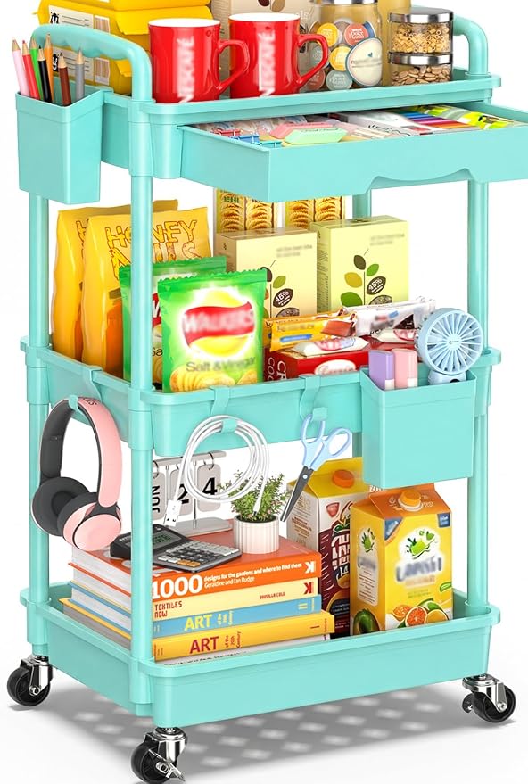 SUNALLY 3-Tier Rolling Cart with Drawer & Lockable Wheels, Bathroom Storage Organizer Multifunctional Rolling Storage Cart for Bathroom, Kitchen, Office, Craft, Makeup, Baby Essentials, Blue