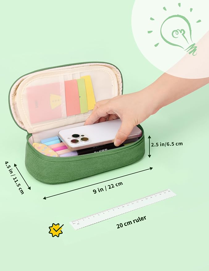 SUNEE Cute Pencil Case, Large Pencil Pouch, Soft Corduroy Fabric Big Pencil Bag with Zipper, Kawaii Pen Bag Stationery Storage and Organizer, School Supplies for Teen, Student, Boys, Girls, Soft Green