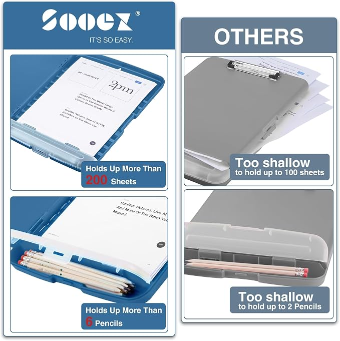 Sooez Clipboards with Storage, High Capacity Clip Boards 8.5x11 with Pen Holder, Heavy Duty Plastic Paper Organization Folder Cases, Letter / A4 Size for Nurse Teachers, School & Office Supplies