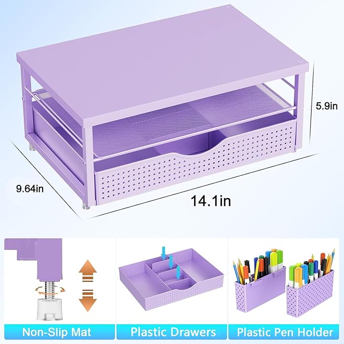 gianotter Desk Organizers and Accessories, Monitor Stand with Drawer and 2 Pen Holder, Desktop Organizer Suitable for Offices and Dormitories (Purple-Plain)
