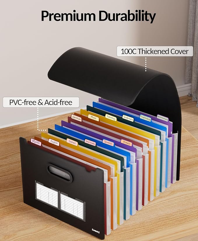 Sooez Upgraded Accordion File Organizer, Expanding File Folder with Deeper 12 Pockets - Never Cover Up Index Tabs, Monthly Bill Paper Receipt Document Organizer, Letter A4 Size for Home Office School