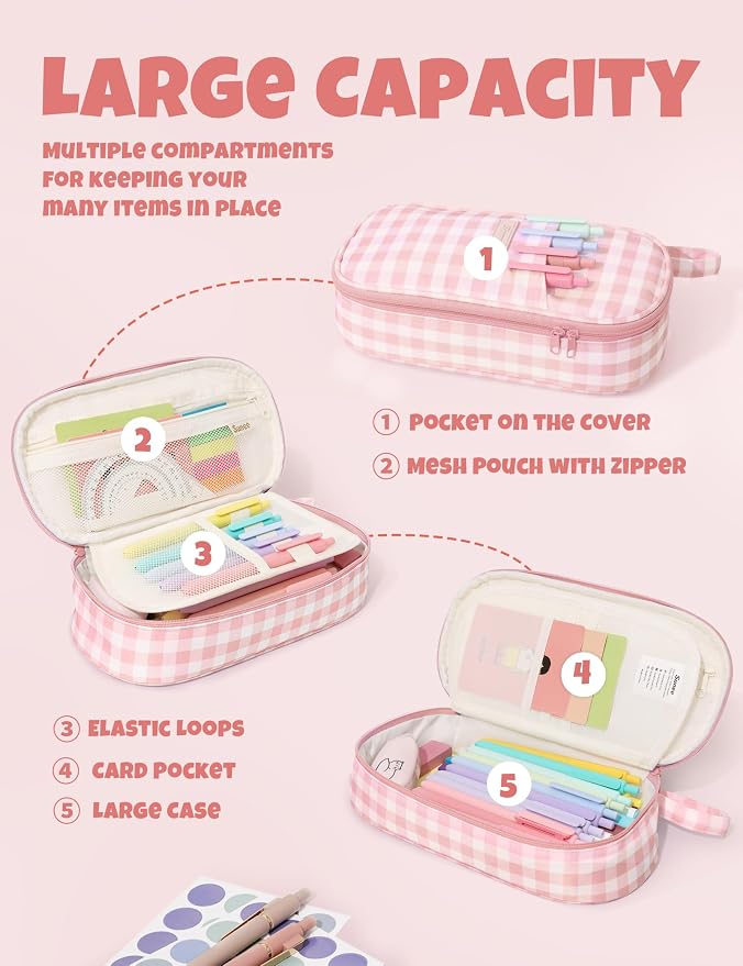 SUNEE Cute Pencil Case, Large Colored Pencil Pouch, Aesthetic Pen Bag with Zipper, Kawaii Stationery Storage and Organizer, School Supplies for Teen and Adult, Boys & Girls, Pink Checkered
