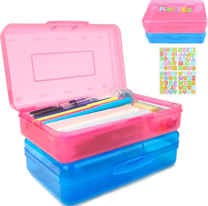 Pink Blue Hard Clear Plastic Pencil Case Box Organizer Large Capacity Pencil Case 2 Pack Crayon Box Office Supplies Storage Container Organizer Boxes for Pens Pencils School Stylish Office Supplies