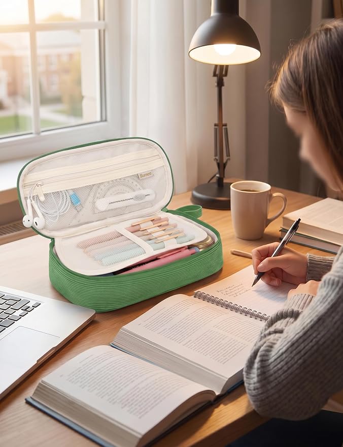 SUNEE Cute Pencil Case, Large Pencil Pouch, Soft Corduroy Fabric Big Pencil Bag with Zipper, Kawaii Pen Bag Stationery Storage and Organizer, School Supplies for Teen, Student, Boys, Girls, Soft Green