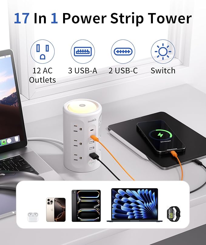 Power Strip Tower with Night Light, Surge Protector Tower with Multiple Outlets (12AC+3A+2C), 10 FT Extension Cord Charging Station for Home, Office, Dorm Essentials (White)