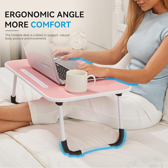 BUYIFY 23" Foldable Lap Desk for Laptop Writing w/Cup Holder Pink | Sturdy and Durable, Laptop Bed Desk with Tablet Slot, No Assembly, Space Saving for Bed Couch Dorm WFH Students
