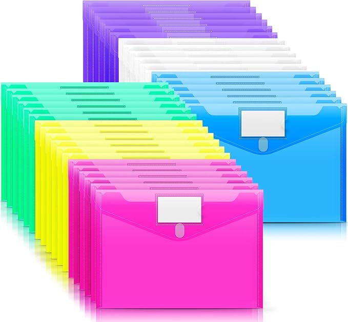 Sooez 36 Pack File Folders, Clear Poly Envelopes Plastic Folders, Folder for Documents Letter A4 Size with Label Pocket, Teacher School Office Supplies Organization Storage, Assorted Color