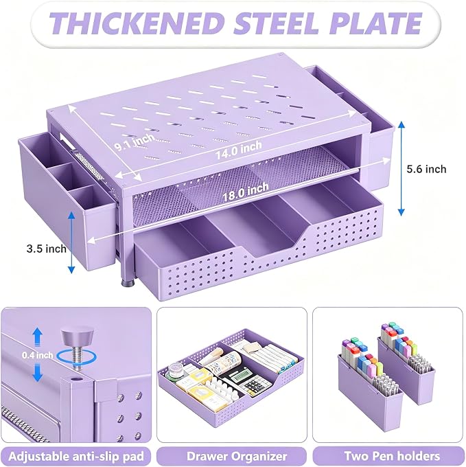OPNICE Laptop Stand for Desk Organizer, Computer Monitor Stand Riser with Drawer and 2 Pen Holders, Ventilated Perforated Steel Top, Office Desk Accessories for Home Office Supplies, Purple