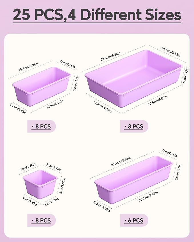 KEMETHY 25 PCS Plastic Drawer Organizers Set, 4 Sizes Vanity Organizer, Makeup and Desk Drawer Organizer Trays, Organization and Storage for Makeup, Bathroom, Kitchen Utensils and Office (Purple)