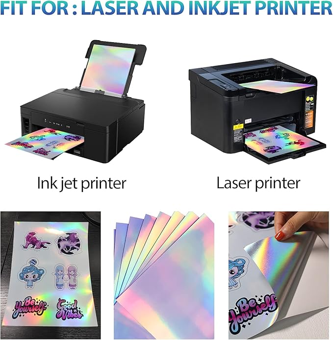 30 Sheets Holographic Sticker Paper for Inkjet & Laser Printer 8.5x11 inch | Printable Vinyl Sticker Paper Self- Adhesive Waterproof Tear Resistant - Rainbow