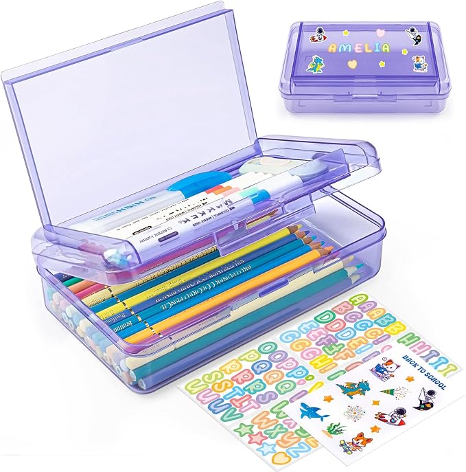 Double Layer Clear Hard Pencil Cases ,Plastic Personalized Pencil Box with Snap-Tight Lid for Pen, Pencils, School Office Supplies Marker Crayon Organizer Storage Box,Standard Size (Light Purple)