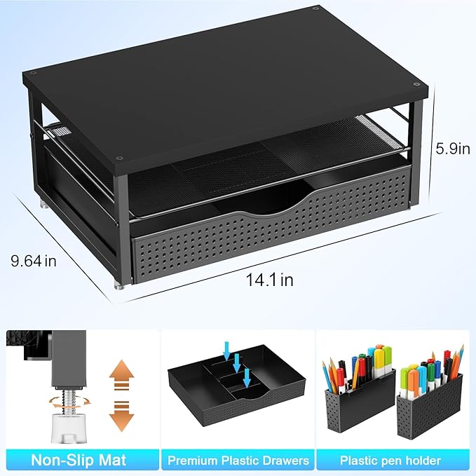 gianotter Desk Organizers and Accessories, Monitor Stand with Drawer and 2 Pen Holder, Desktop Organizer Suitable for Offices and Dormitories (Black-Plain)