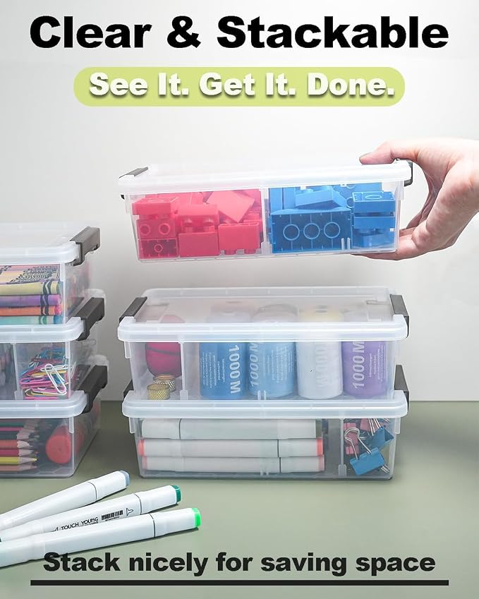 12 Pack Extra Large Pencil Box with Removable Divider, Thickened Pencil Case Bulk, Clear Crayon Marker Organizer Stackable Plastic Small Storage Containers for Pen Craft School Supplies, Multi