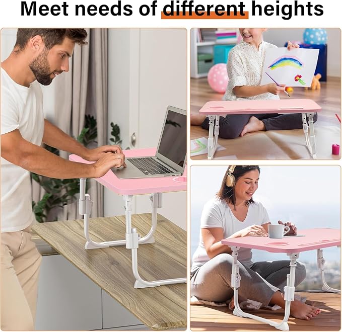 Lap Desk for Bed, Adjustable Laptop Desk with USB Charging Port, Storage Drawer & Bookshelf — Foldable Bed Desk for WFH & Students, 23.6" Desktop Fits 20" Laptop, Non-Slip, Pink