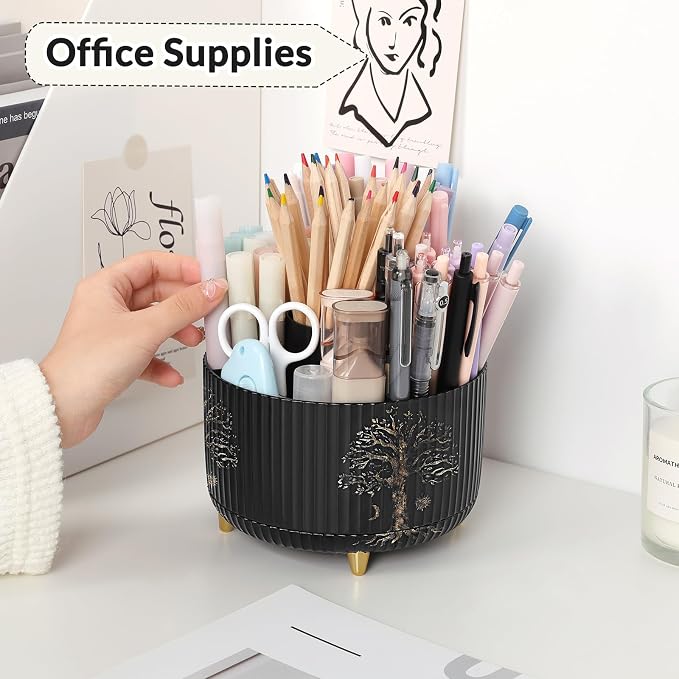 SKYDUE 360 Degree Rotating Desk Organizer, Dual-Purpose Pencil Pen Holder for Desktop, Desk Pen Organizer with 5 Slots, Office Supplies, Pencil Cup for Office, School, Home