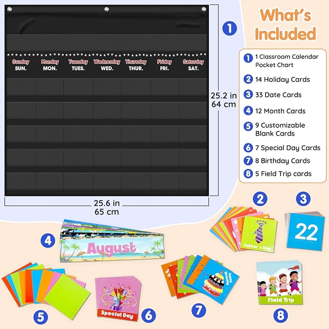 Classroom Calendar Pocket Chart with 88 Cards - Ideal for Homeschool, Classroom & Office, Durable Nylon Wall Hanging Calendar for Early Learning (Black)
