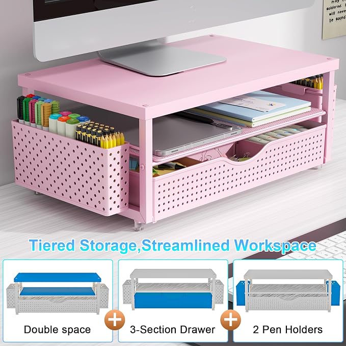gianotter Desk Organizers and Accessories, Monitor Stand with Drawer and 2 Pen Holder, Desktop Organizer Suitable for Offices and Dormitories (Pink-Plain)